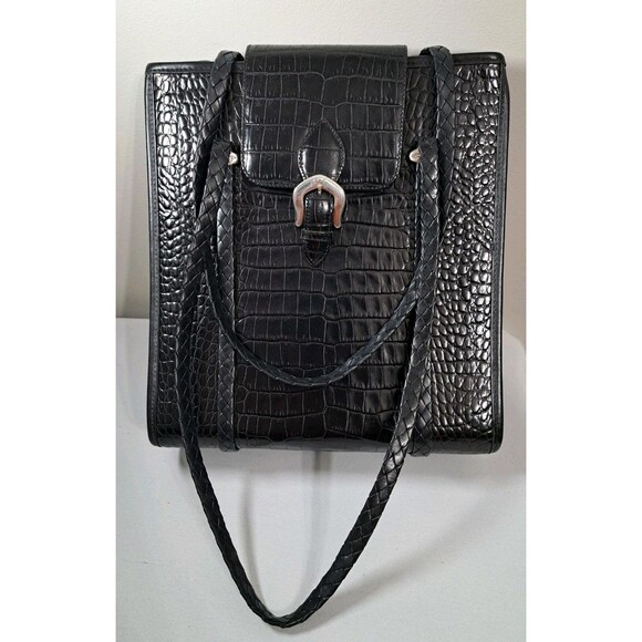 Brighton Black Leather Croc Embossed Two Strap Shoulder Bag - Picture 1 of 11